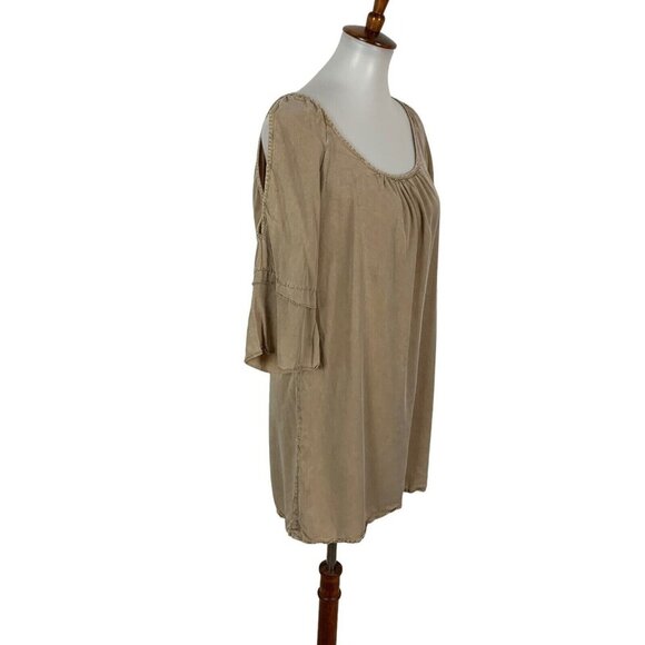 Glam Cold Shoulder Dress Small Tan Short Sleeve Party Clubwear Stretch - Picture 2 of 6